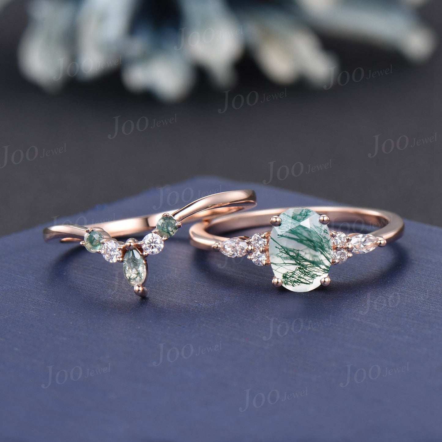 1.5ct Oval Natural Green Moss Agate Moissanite Engagement Ring Set for Women 10K/14K/18K Rose Gold Antique Landscape Gemstone Wedding Ring