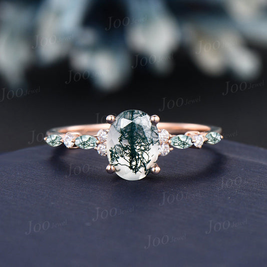 1.5ct Oval Cut Natural Moss Agate Engagement Rings Rose Gold Cluster Aquatic Agate Promise Ring Marquise Moss Round Moissanite Wedding Ring