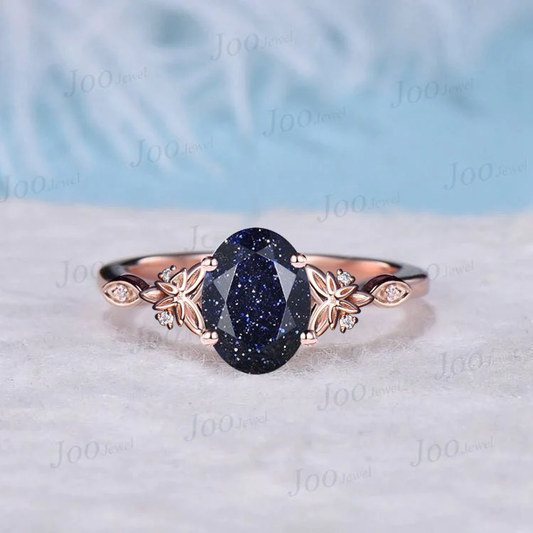 1.5ct Oval Galaxy Blue Sandstone Diamond Wedding Ring 14K Rose Gold Celtic Trinity Knot Irish Engagement Ring Unique Promise Ring for Women