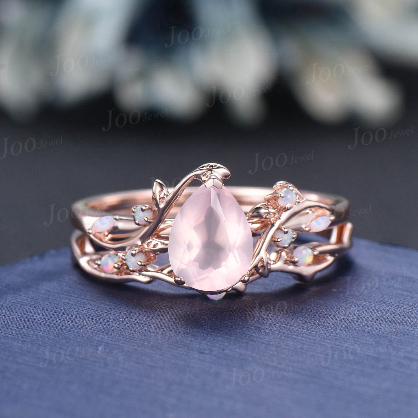 Pear Cut Natural Rose Quartz Ring Set Sterling Silver Leaf Engagement Ring Cluster Opal Ring Pink Crystal Ring Nature Jewelry Gift for Women