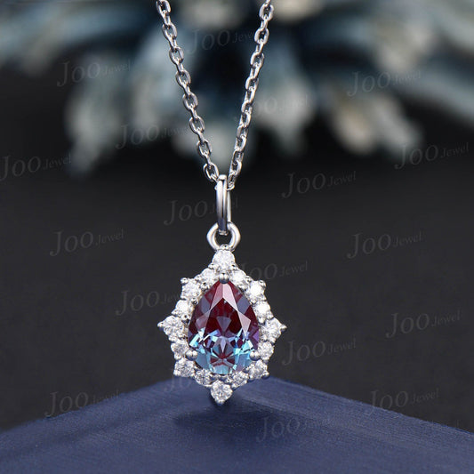 Unique Pear Alexandrite Necklace Rose Gold Halo Moissanite Diamond Necklace Pendant for Women Bridal Anniversary Gifts Alexandrite Jewelry