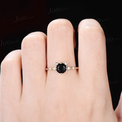 Cat Engagement Ring Vintage 1ct Natural Black Onyx Promise Ring Round Black Wedding Ring Peekaboo Kitten Black Gemstone Gifts for Cat Lover