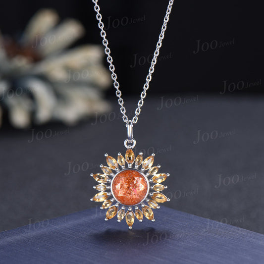 Sunflower Necklace| Healing Stone| Natural Sunstone Citrine Necklace in 9K Gold | Sunstone Halo Citrine Pendant |Birthday Gifts for Daughter
