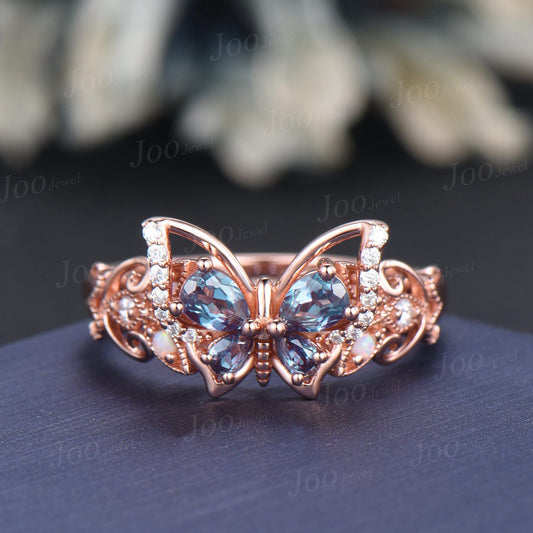 Pear Cut Alexandrite Butterfly Engagement Ring 14K Solid Rose Gold Fairytale Wedding Rings Filigree Milgrain Moissanite Opal Ring for Women