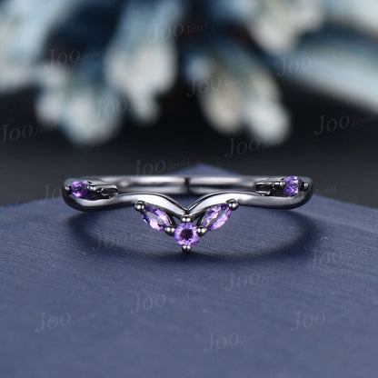 Black Gold Wedding Band Marquise Purple Amethyst Curved Nesting Band Matching Stackable Ring February Birthstone Anniversary Ring for Women