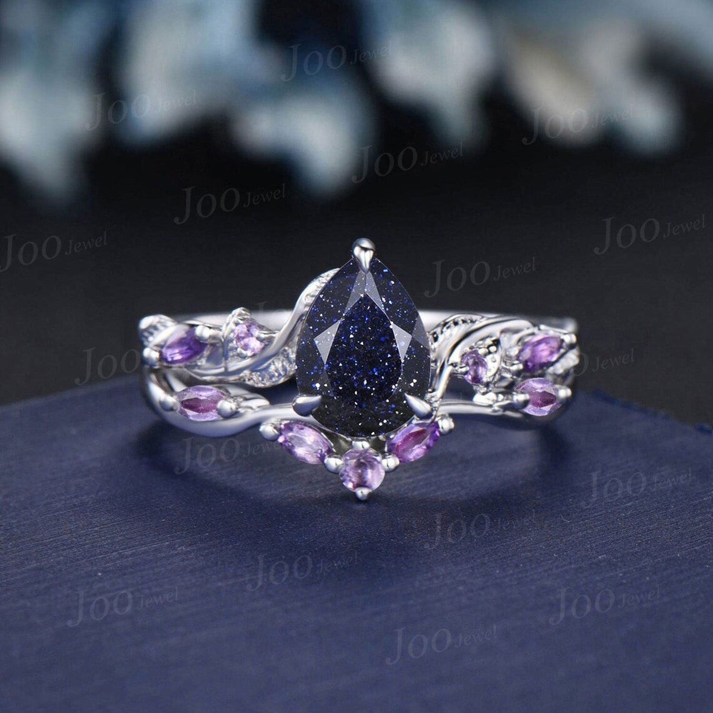 Princess Cut Blue Goldstone Ring Set Nature Inspired Galaxy Blue Sandstone Amethyst Bridal Set Unique Twig Vine Black Gold Wedding Ring Set