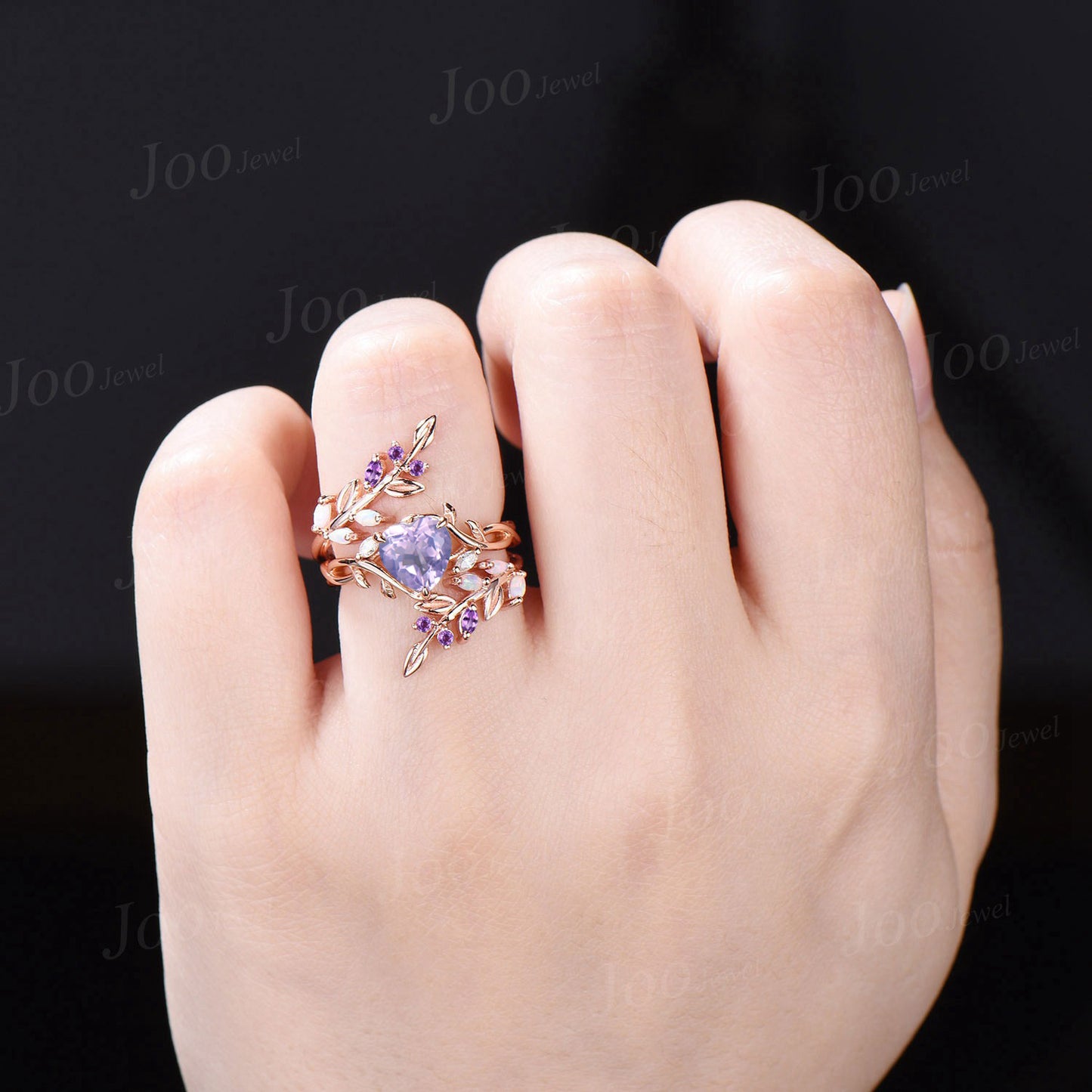 Vintage Heart Cut Natural Lavender Amethyst Bridal Ring Sterling Silver Art Deco Nature Inspired Emerald Moss Agate Wedding Rings Set Women (Copy)