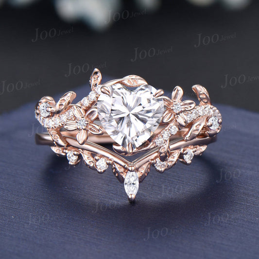 1.5CT Heart Cut Moissanite Flower Bridal Ring 10K Rose Gold Leaf Floral Wedding Ring Moissanite Promise Ring Unique Anniversary Gifts Women