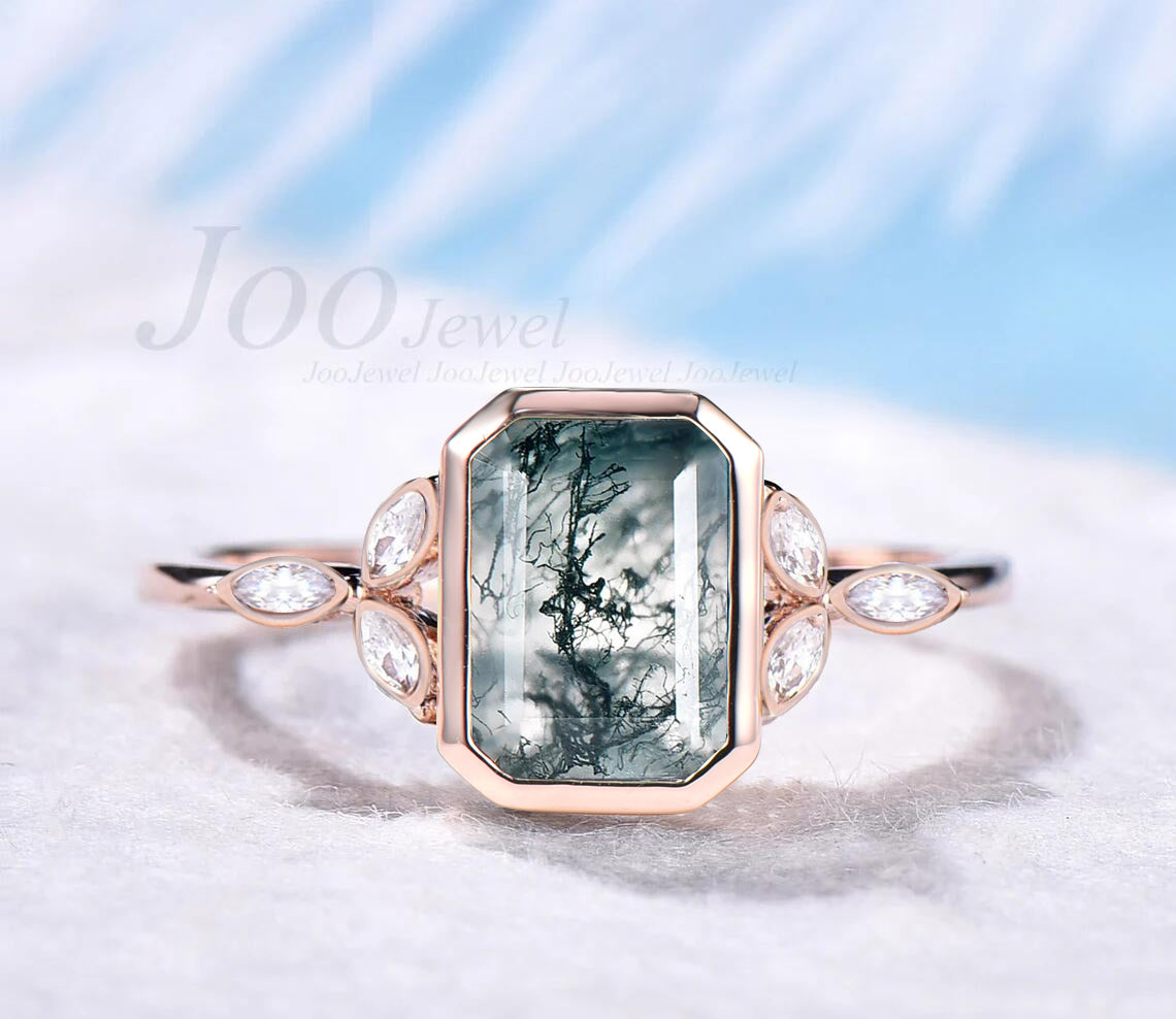 Bezel Moss Agate Engagement Ring Unique Vintage 7x9mm Emerald Cut Natural Moss Agate Wedding Ring Art Deco Marquise Moissanite Ring Women