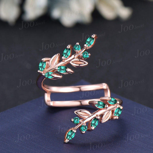 Nature Inspired Back Rutilated Quartz Floral Engagement Ring Set Sunflower Design Citrine Wedding Ring Emerald Leaf Enhancer Rings For Women