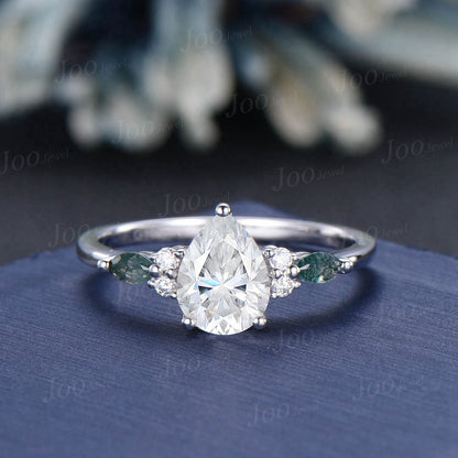 Teardrop Wedding Ring 1.25ct Moissanite Engagement Ring April Birthstone Pear Moissanite Moss Agate Cluster Wedding Ring Proposal Ring Gift