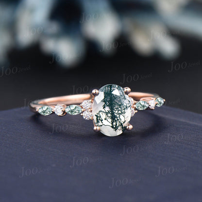 1.5ct Oval Cut Natural Moss Agate Engagement Rings Rose Gold Cluster Aquatic Agate Promise Ring Marquise Moss Round Moissanite Wedding Ring