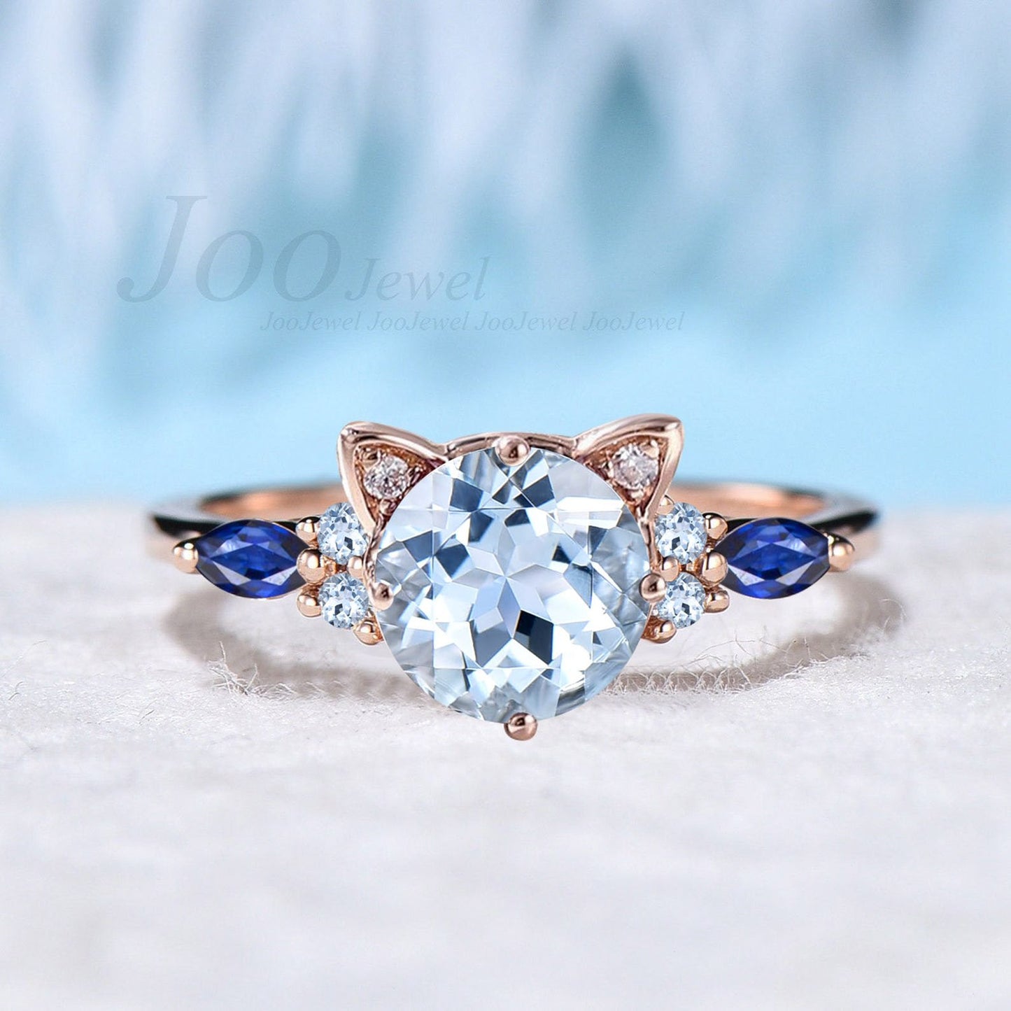 Kitten Cat Engagement Ring Vintage 1.2ct Round Natural Aquamarine Blue Sapphire Ring Peekaboo Cat Promise Wedding Ring Gifts for Cat Lover