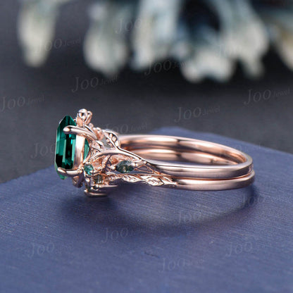 Twig Vine Green Emerald Ring Set Rose Gold 1.5ct Oval Emerald Moss Agate Wedding Ring Nature Inspired Branch Bridal Set May Birthstone Gifts