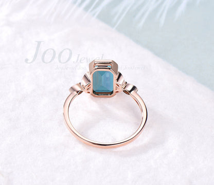 Bezel Set Engagement Ring 14K Rose Gold Emerald Cut Color-Change Alexandrite Ring June Birthstone Gift Unique Vintage Proposal Ring Women