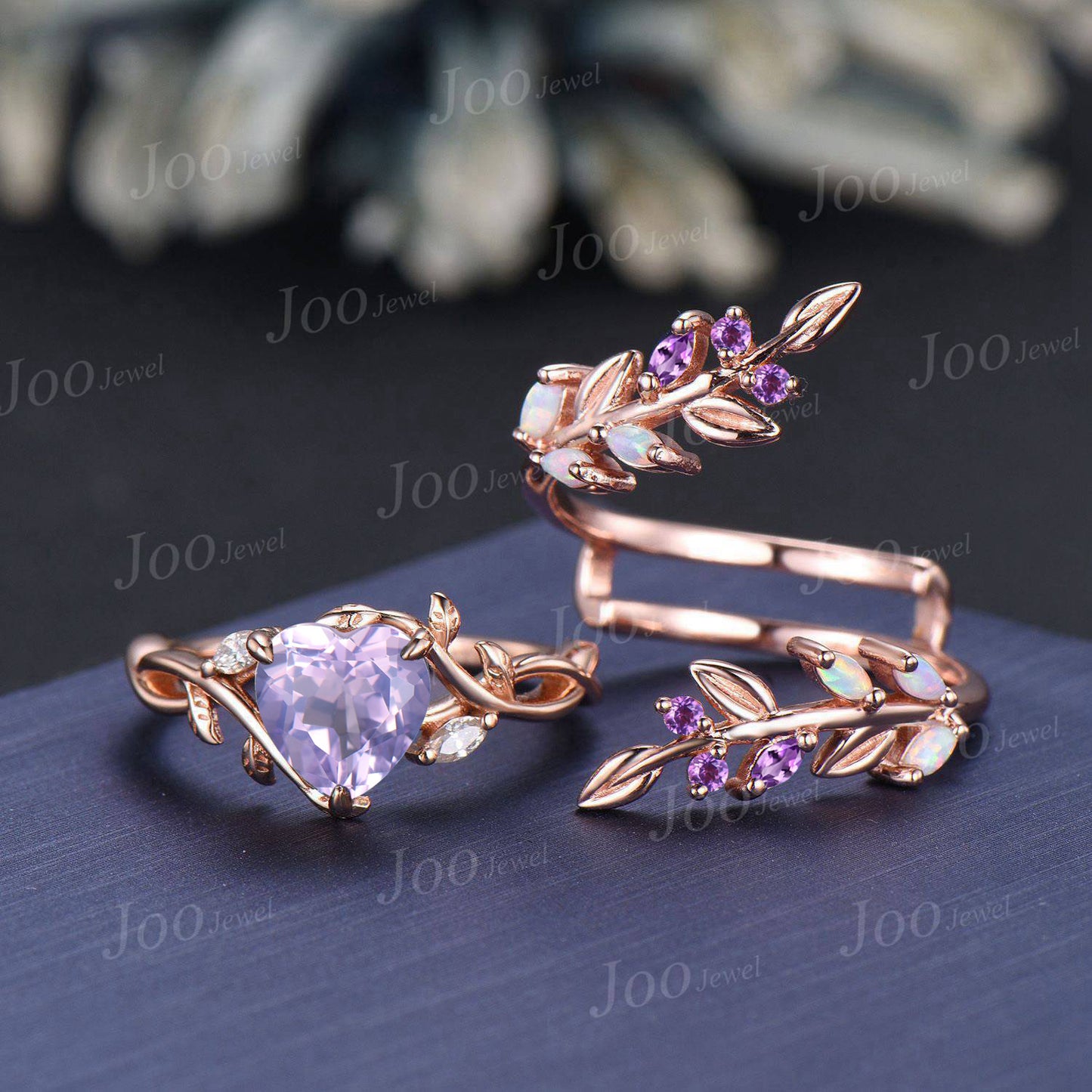 Vintage Heart Cut Natural Lavender Amethyst Bridal Ring Sterling Silver Art Deco Nature Inspired Emerald Moss Agate Wedding Rings Set Women (Copy)