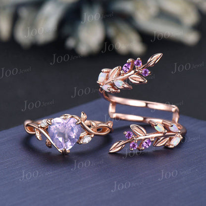 Vintage Heart Cut Natural Lavender Amethyst Bridal Ring Sterling Silver Art Deco Nature Inspired Emerald Moss Agate Wedding Rings Set Women (Copy)