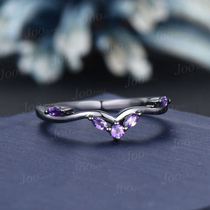 Black Gold Wedding Band Marquise Purple Amethyst Curved Nesting Band Matching Stackable Ring February Birthstone Anniversary Ring for Women