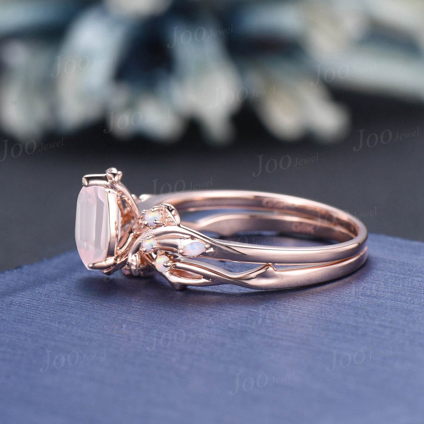 Pear Cut Natural Rose Quartz Ring Set Sterling Silver Leaf Engagement Ring Cluster Opal Ring Pink Crystal Ring Nature Jewelry Gift for Women