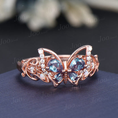 Pear Cut Alexandrite Butterfly Engagement Ring 14K Solid Rose Gold Fairytale Wedding Rings Filigree Milgrain Moissanite Opal Ring for Women