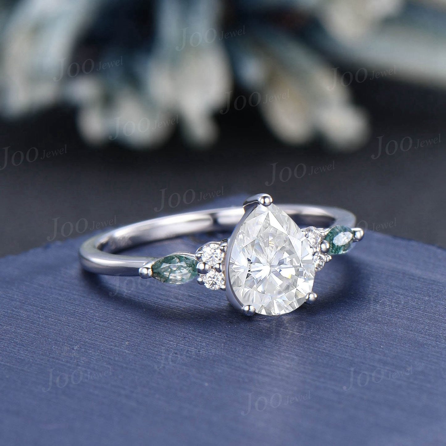 Teardrop Wedding Ring 1.25ct Moissanite Engagement Ring April Birthstone Pear Moissanite Moss Agate Cluster Wedding Ring Proposal Ring Gift