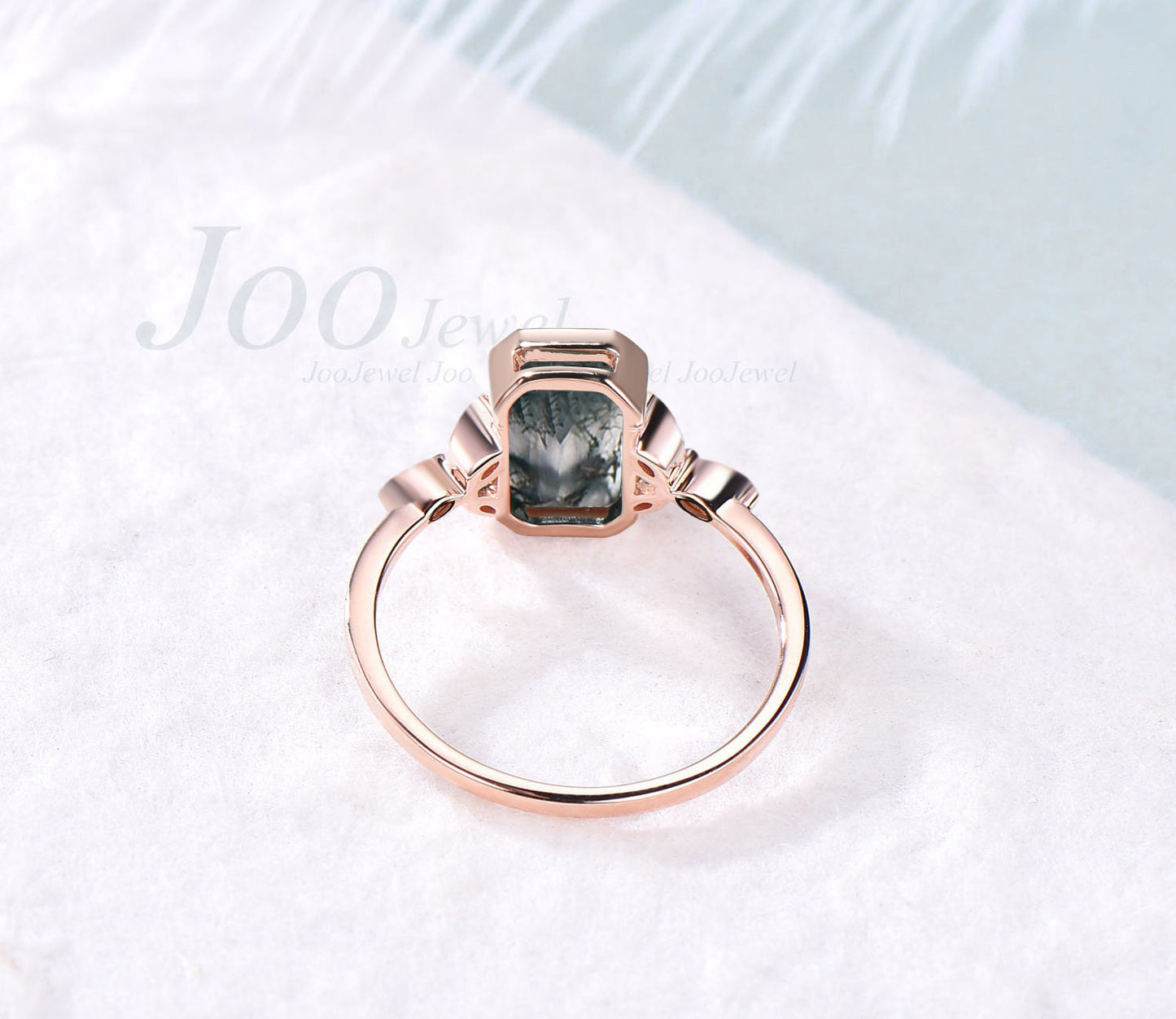 Bezel Moss Agate Engagement Ring Unique Vintage 7x9mm Emerald Cut Natural Moss Agate Wedding Ring Art Deco Marquise Moissanite Ring Women