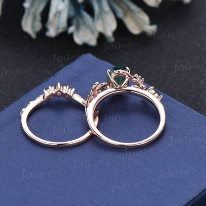 Twig Vine Green Emerald Ring Set Rose Gold 1.5ct Oval Emerald Moss Agate Wedding Ring Nature Inspired Branch Bridal Set May Birthstone Gifts