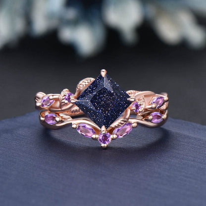 Princess Cut Blue Goldstone Ring Set Nature Inspired Galaxy Blue Sandstone Amethyst Bridal Set Unique Twig Vine Black Gold Wedding Ring Set