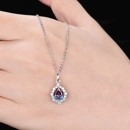 Unique Pear Alexandrite Necklace Rose Gold Halo Moissanite Diamond Necklace Pendant for Women Bridal Anniversary Gifts Alexandrite Jewelry