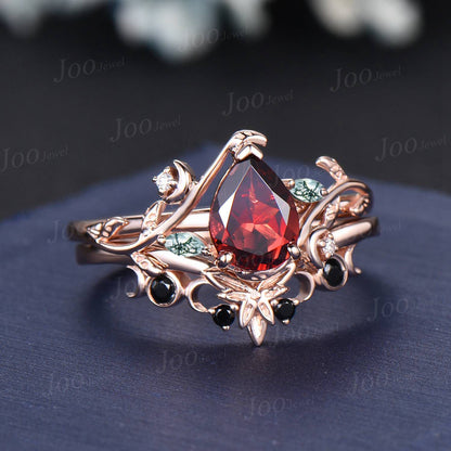 Black And Red Wedding Ring Sets Moon Engagement Ring 14K Rose Gold Nature Inspired Pear Natural Garnet Ring For Women Red Garnet Bridal Ring
