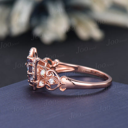 Pear Cut Alexandrite Butterfly Engagement Ring 14K Solid Rose Gold Fairytale Wedding Rings Filigree Milgrain Moissanite Opal Ring for Women