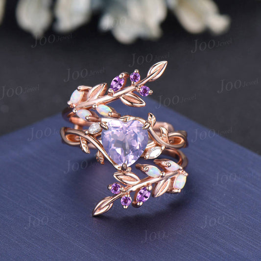 Vintage Heart Cut Natural Lavender Amethyst Bridal Ring Sterling Silver Art Deco Nature Inspired Emerald Moss Agate Wedding Rings Set Women (Copy)
