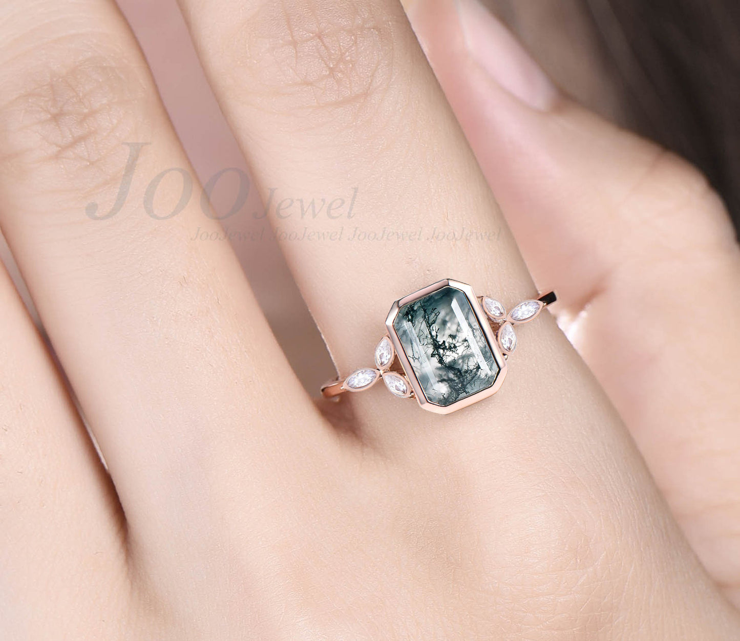 Bezel Moss Agate Engagement Ring Unique Vintage 7x9mm Emerald Cut Natural Moss Agate Wedding Ring Art Deco Marquise Moissanite Ring Women