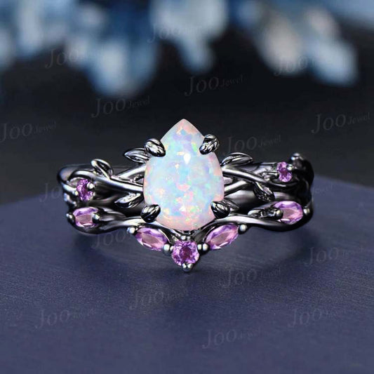 1.25ct Nature Inspired White Opal Bridal Set Unique 14K White Gold Pear Shaped Fire Opal Amethyst Wedding Ring Twig Vine Branch Promise Ring