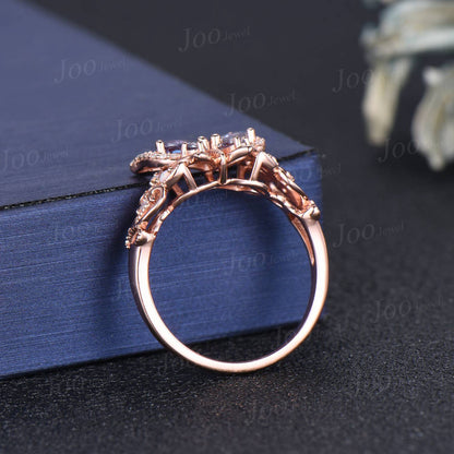 Pear Cut Alexandrite Butterfly Engagement Ring 14K Solid Rose Gold Fairytale Wedding Rings Filigree Milgrain Moissanite Opal Ring for Women