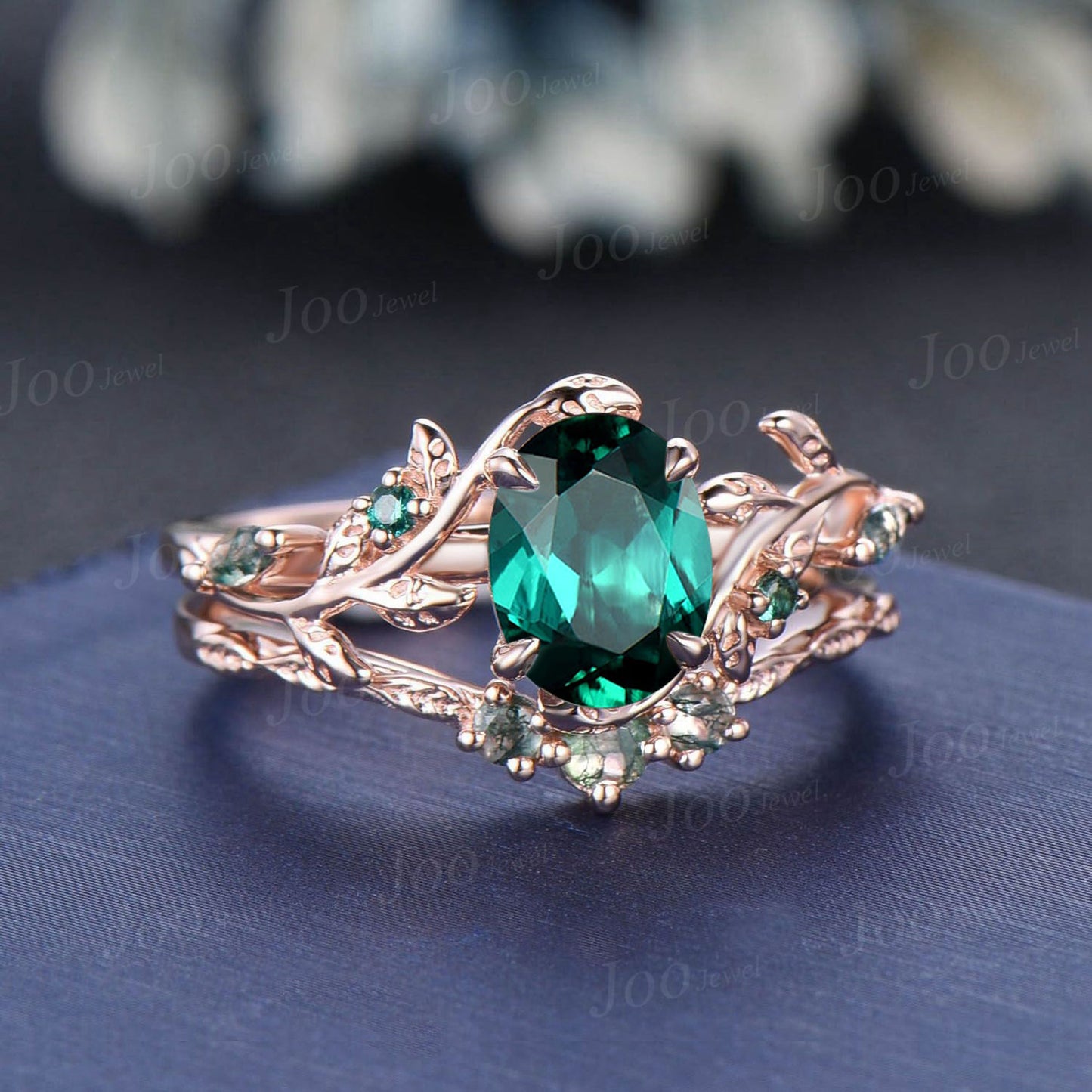 Twig Vine Green Emerald Ring Set Rose Gold 1.5ct Oval Emerald Moss Agate Wedding Ring Nature Inspired Branch Bridal Set May Birthstone Gifts