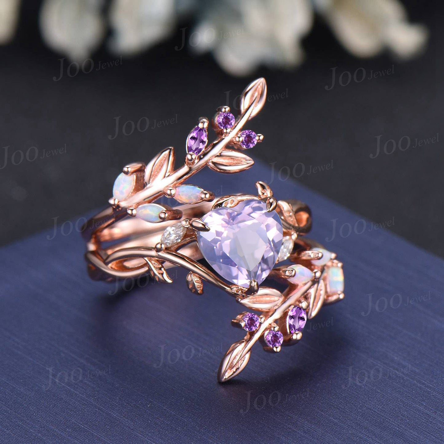 Vintage Heart Cut Natural Lavender Amethyst Bridal Ring Sterling Silver Art Deco Nature Inspired Emerald Moss Agate Wedding Rings Set Women (Copy)