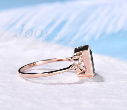 Bezel Set Engagement Ring 14K Rose Gold Emerald Cut Color-Change Alexandrite Ring June Birthstone Gift Unique Vintage Proposal Ring Women