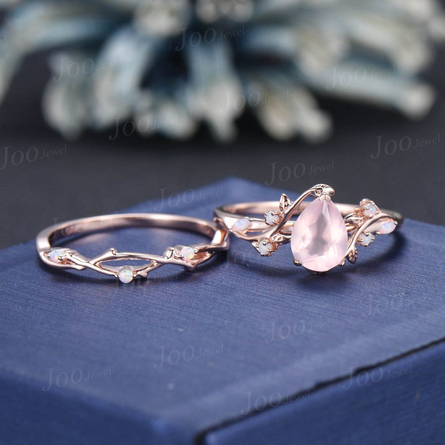 Pear Cut Natural Rose Quartz Ring Set Sterling Silver Leaf Engagement Ring Cluster Opal Ring Pink Crystal Ring Nature Jewelry Gift for Women