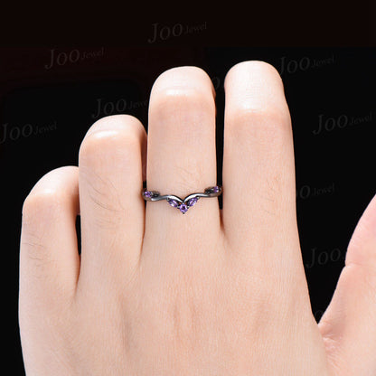 Black Gold Wedding Band Marquise Purple Amethyst Curved Nesting Band Matching Stackable Ring February Birthstone Anniversary Ring for Women