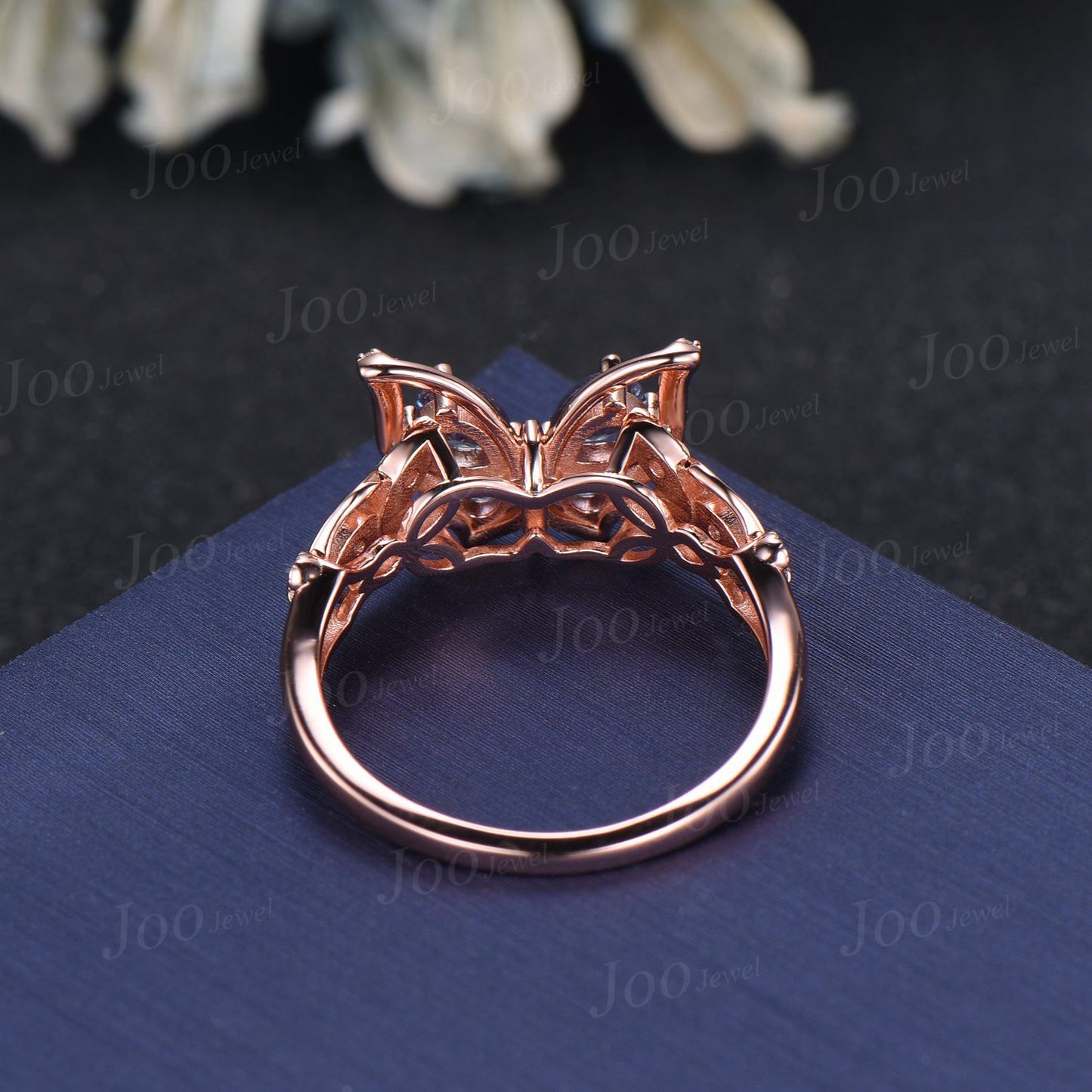 Pear Cut Alexandrite Butterfly Engagement Ring 14K Solid Rose Gold Fairytale Wedding Rings Filigree Milgrain Moissanite Opal Ring for Women