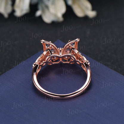 Pear Cut Alexandrite Butterfly Engagement Ring 14K Solid Rose Gold Fairytale Wedding Rings Filigree Milgrain Moissanite Opal Ring for Women
