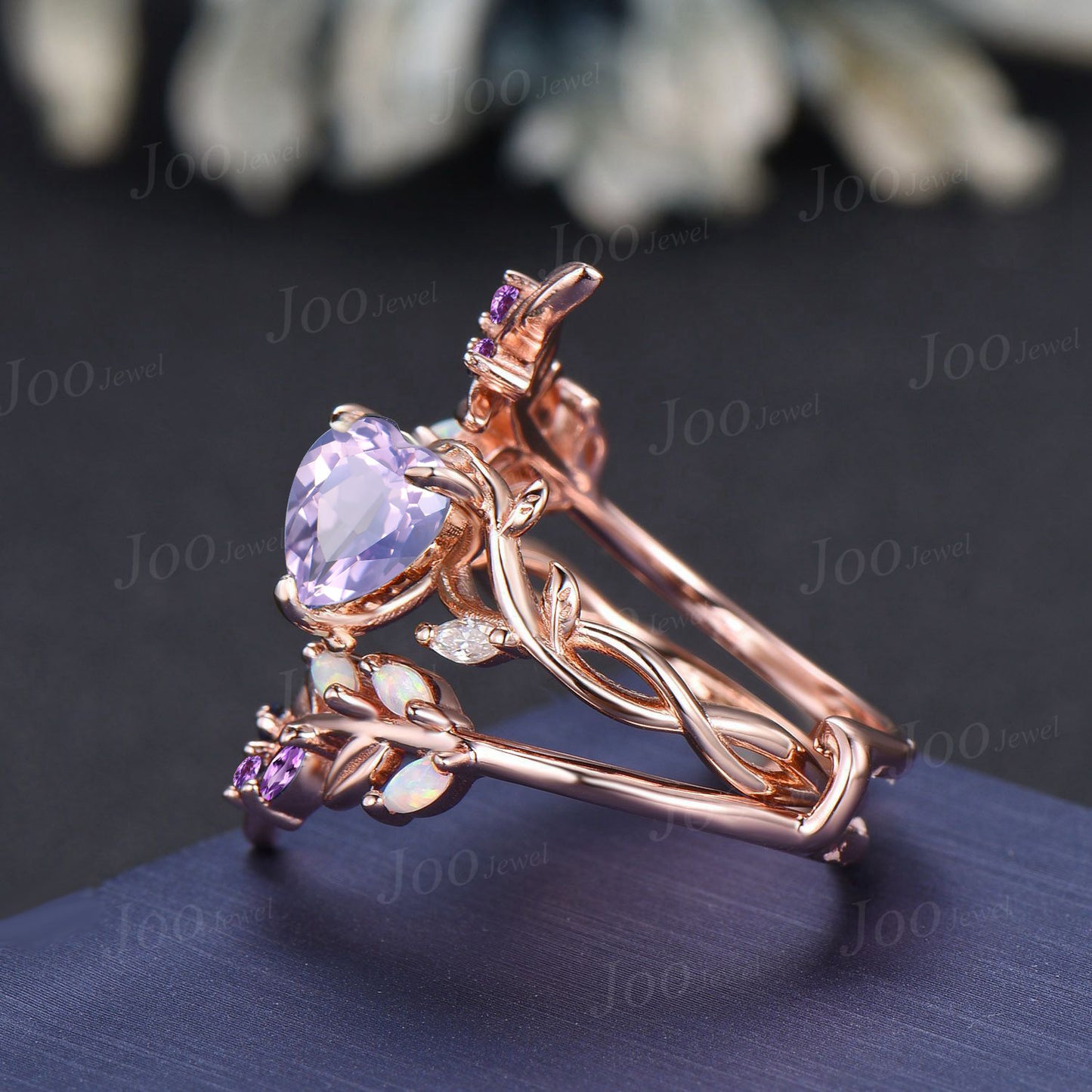 Vintage Heart Cut Natural Lavender Amethyst Bridal Ring Sterling Silver Art Deco Nature Inspired Emerald Moss Agate Wedding Rings Set Women (Copy)