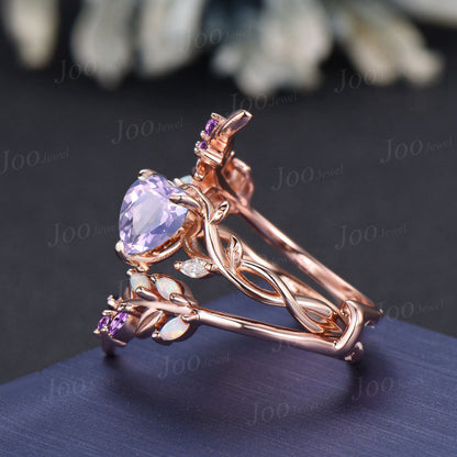 Vintage Heart Cut Natural Lavender Amethyst Bridal Ring Sterling Silver Art Deco Nature Inspired Emerald Moss Agate Wedding Rings Set Women (Copy)