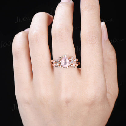 Pear Cut Natural Rose Quartz Ring Set Sterling Silver Leaf Engagement Ring Cluster Opal Ring Pink Crystal Ring Nature Jewelry Gift for Women