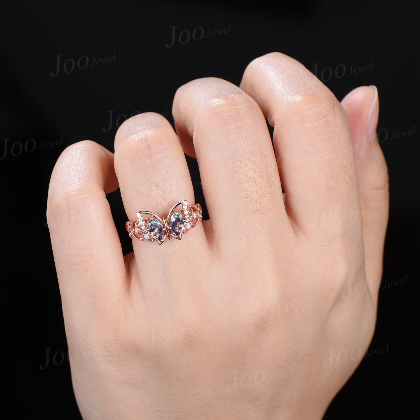 Pear Cut Alexandrite Butterfly Engagement Ring 14K Solid Rose Gold Fairytale Wedding Rings Filigree Milgrain Moissanite Opal Ring for Women
