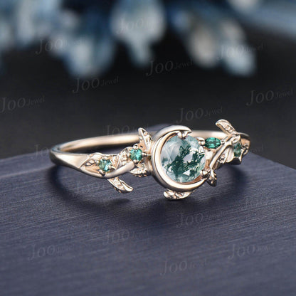 Moon Star Design Natural Green Agate Emerald Ring Vintage 5mm Round Moss Agate Engagement Ring Leaf Wedding Ring Nature Inspired Gifts Women