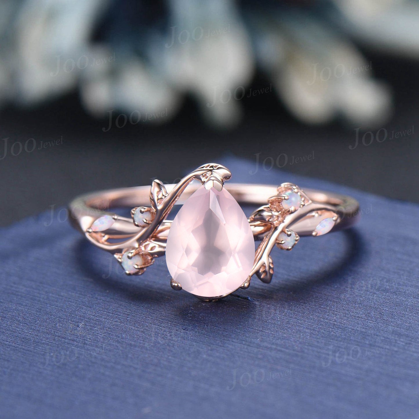 Pear Cut Natural Rose Quartz Ring Set Sterling Silver Leaf Engagement Ring Cluster Opal Ring Pink Crystal Ring Nature Jewelry Gift for Women