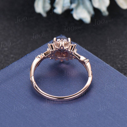 Halo Alexandrite Ring Nature Inspired Round Wedding Ring 14K Rose Gold Twig Vine Alexandrite Moissanite Ring Unique Wedding Gift for Women
