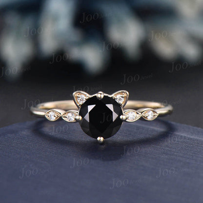 Cat Themed Engagement Ring Round Natural Black Onyx Wedding Ring Set Women Unique Rose Gold Kitten Ring Unique Gift For Cat Lover/Daughter